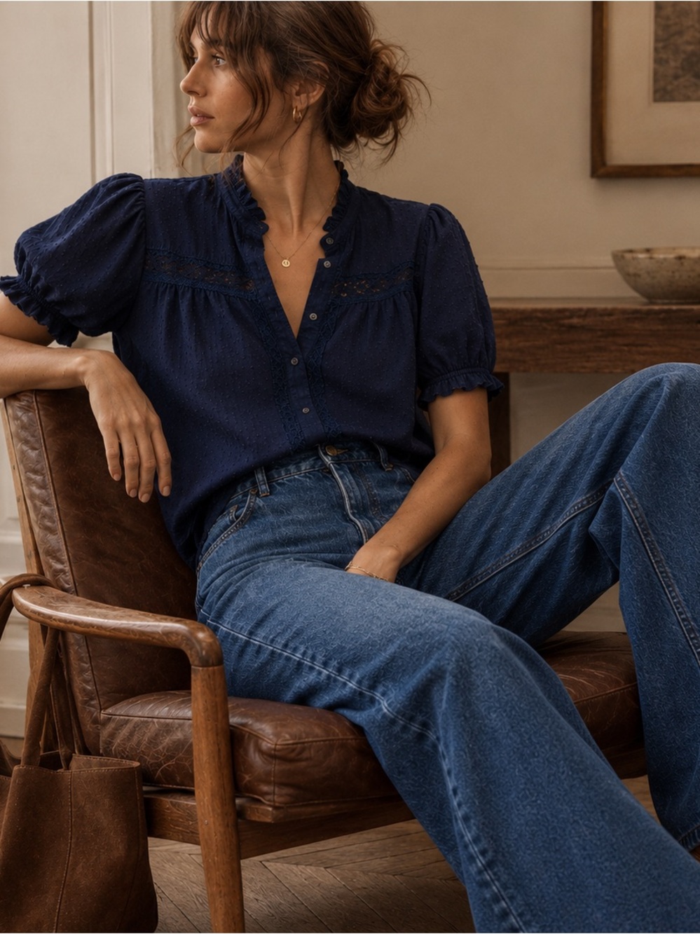 *SOLD* GAP Relaxed Lace Puff Sleeve Top – 100% cotton - Navy | Medium - Picture 2 of 10